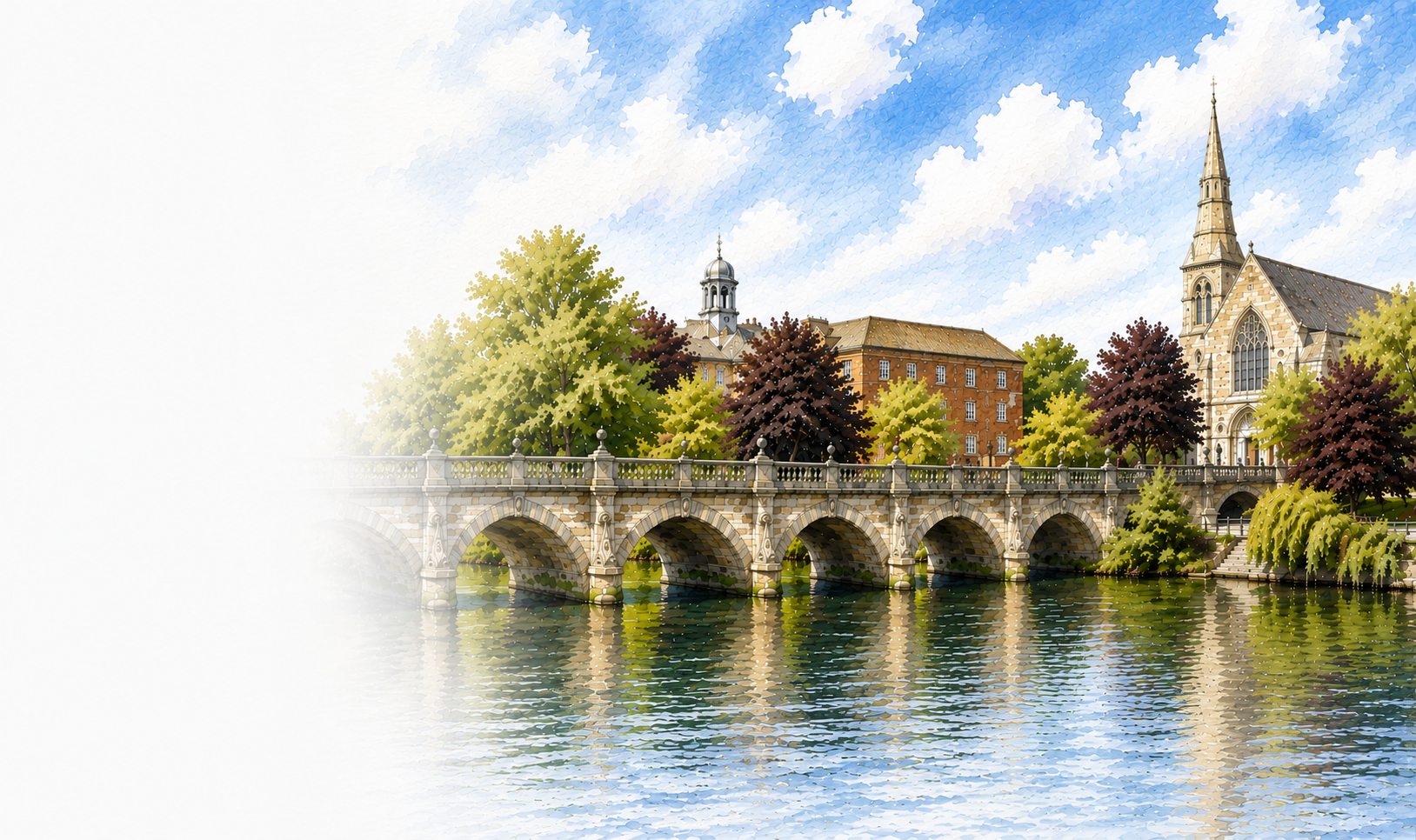 DMC Media — growing Shropshire businesses online with website design, AI automation, social media and email marketing. Watercolour of a bridge and church in Shrewsbury, Shropshire.